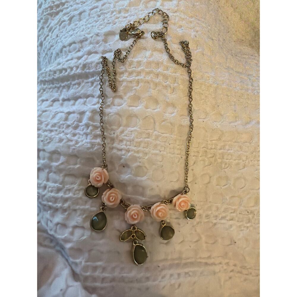 Blush Pink Rose Necklace Gray Glass Stone Dangle Bib Statement Jewelry Vintage